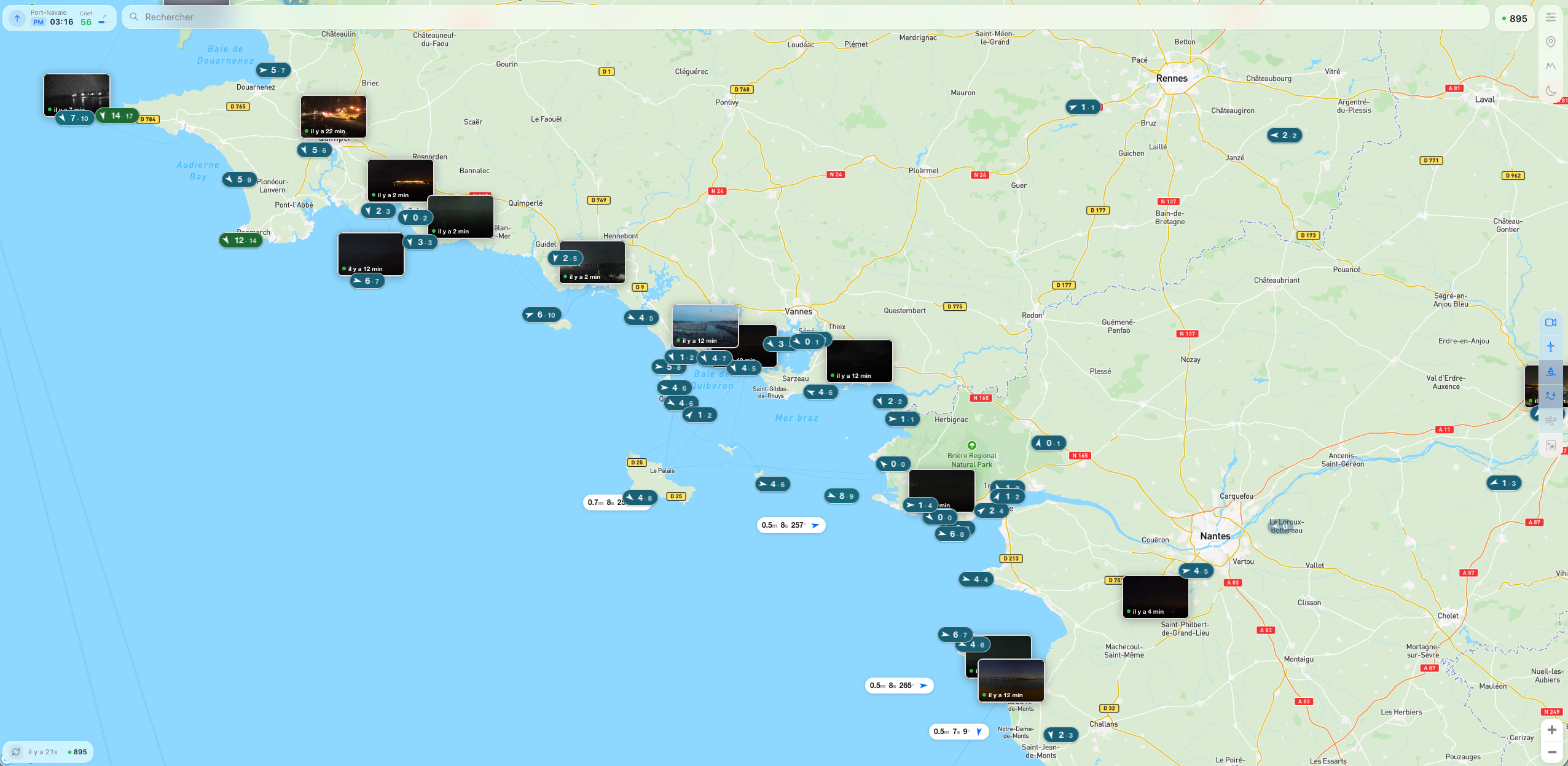 Carte des stations météo et webcams sur la côte atlantique — site Le Vent